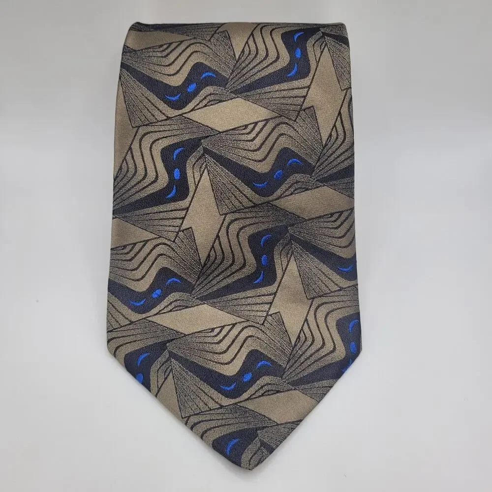 Vintage Courreges‎ Homme Tie Beige Blue Geometric Silk Designer Necktie Abstract